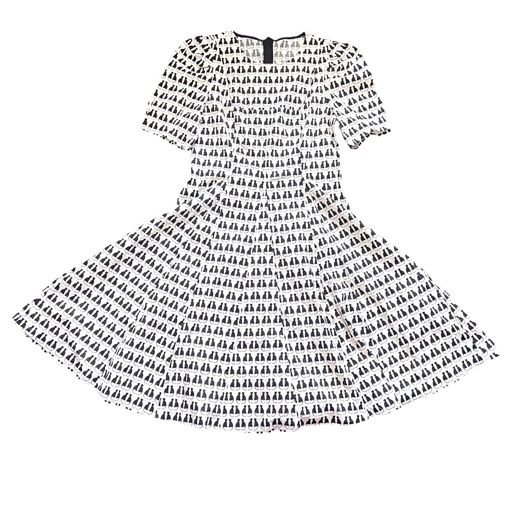 NWT Xuege Cat Theme Dress SZ 6-8 Blk/White Flouncy Boho Hipster Retro A-Line